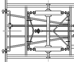 Zeichnung: Fahrwerks–Detail mit Bremse von unten gesehen.