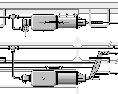 Drawing: detail of an air brake system below a wagon.