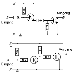 Zwei Schaltpläne mit Transistoren und Beispielen zur Invertierung von Potenzialen.