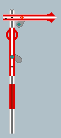 Zweiflügeliges bayerisches Einfahrt–Signal mit Signalbild Halt.