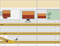 Plan mit drei Gleisen und Empfangsgebäude, davor Lautsprecher–Symbol.