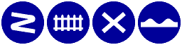 Zeichnung: Vier blaue, runde Verkehrsschilder mit weißen Symbolen.