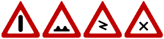 Zeichnung: Vier dreieckige Verkehrsschilder mit Warnzeichen.