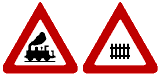 Zeichnung: Zwei Schilder für Bahnübergänge.