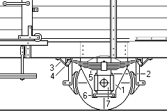 Zeichnung: Achlagerkostruktion an einem Güterwagen mit Teilebezeichnungen.