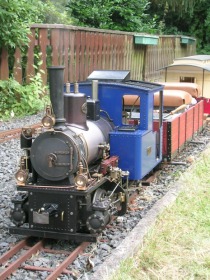 Foto einer großen Dampflok mit blauem Führerhaus in einem Dampfbahnclub–Gelände.