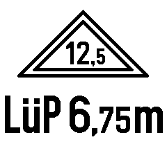 Zeichnung: Dreieck mit doppeltem Rahmen und der Zahl 12,5 darin, darunter Schriftzug mit Abkürzung LüP 6,75 m.