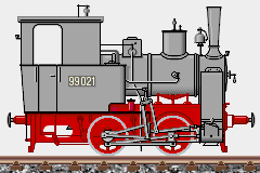 Zeichnung einer kleinen Dampflokomotive.