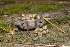 Gartenkarre mit rostigen Beschlägen und Zuckerrüben zwischen Feldbahngleisen.