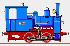 Zeichnung: blaue Schmalspur–Lokomotive mit rotem Fahrwerk von der Seite.