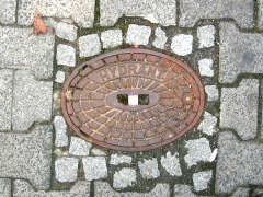 Foto: Ovaler Hydrantendeckel mit Aufschrift „Hydrant” von oben gesehen.