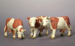 Drei braun–weiß gefleckte Kühe, die linke weidet mit gesenktem Kopf.