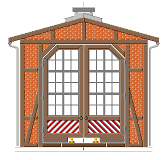 Zeichnung: Stirnwand mit Toren eines Fachwerk–Lokschuppens mit Backstein–Füllungen.