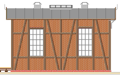 Zeichnung: Seitenansicht eines Fachwerk–Lokschuppens mit Backstein–Füllungen und zwei Fenstern.