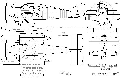 Zeichnung: Junkers F 13 mit Schwimmern (Nachzeichnung: Thomas Hey'l).