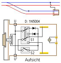 Schaltplan eines Prellbocks mit Schaltern, Tastern und Buchsen.