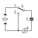 Schaltplan mit Spannungsquelle, Kondensator und Verbraucher. Der Kondensator kann mit Plus oder Minus verbunden werden.