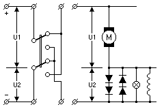Schaltbild: Einem Motor wird über vorgeschaltete Standarddioden Spannung entzogen.