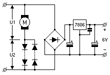 Schaltplan: Motor mit vorgeschalteten Dioden und Festspannungsregler.