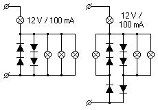 Schaltung mit Dioden und Lastglühlampe.