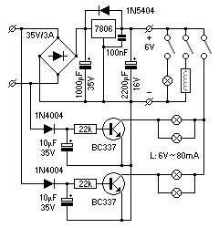 Schaltplan mit Gleichrichter, 6 Volt–Festspannungsregler, Glühlampen, Dampfgenerator und Schaltern.