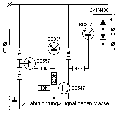 Schaltplan mit vier Transistoren, einigen Widerständen und zwei Dioden.