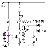 Schaltplan mit Sendediode, Fototransistor und Transistor als Inverter.