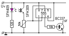 Schaltplan einer Infrarot–Lichtschranke mit einem Zeitschaltkreis 555.