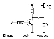 Schaltplan eines Inverters mit einem Transistor, Beschreibung: siehe nächstes Bild.