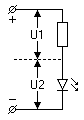 Schaltplan: Spannungsteiler aus Widerstand und Leuchtdiode.