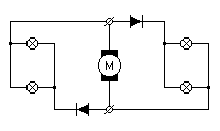 Schaltplan: An die Schienen sind der Motor und über Dioden je zwei Glühlampen angeschlossen.
