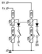 Schaltplan: zwei Spannungsteiler, die über ein Doppel–Potentiometer gleichzeitig eingestellt werden.