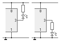 Zeitschaltkreis 555, am Pin 3 gegen Plus oder Minus angeschlossene Leuchtdiode.