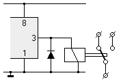 Ausgang des IC mit angeschlossenem Relais und Freilauf–Diode.