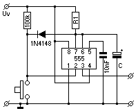 Schaltplan: Retriggerbares Monoflop mit Zeitschaltkreis 555.