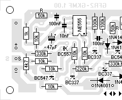 Zeichnung: Ausschnitt einer Platine mit elektronischen Bauteilen von oben gesehen, die Leiterbahnen sind nur hellgrau angedeutet.