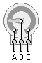 Zeichnung eines Potentiometers. Auf einem Widerstands–Ringausschnitt ist ein drehbarer Schleifer.