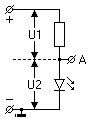 Schaltbild: Spannungsteiler aus Vorwiderstand und Leuchtdiode, dazwischen liegt Punkt A.