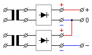 Schaltbild: zwei an einem Ausgang verbundene Spannungsquellen, verbunden sind einmal Plus und einmal Minus.