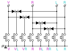 Schaltung mit je acht Tastern und Dioden und vier Ausgängen.