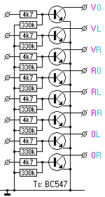 Acht Transistoren mit Vorwiderständen und Pulldown–Widerständen.