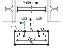 Radsatz, Schienen, Magnete und Schutzgas–Rohrkontakt in Fahrtrichtung gesehen.