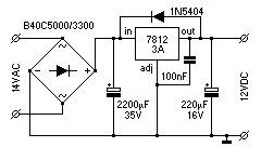 Schaltplan mit Gleichrichter, Kondensatoren und Festspannungsregler.