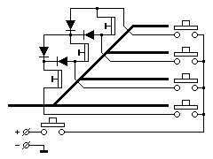 Über Dioden verkettete Doppelspul–Antriebe und die Start–Ziel–Taster einer Verzweigung auf vier Gleise.