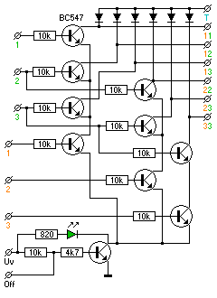 Schaltplan: etliche aus Transistoren aufgebaute UND–Gatter.