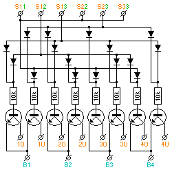Schaltplan mit acht Transistoren und Vorwiderständen, 16 Dioden und sechs Eingängen.