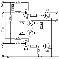 Schaltplan mit sechs Transistoren.