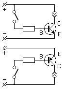 Zwei Transistor–Typen in Kollektor–Grundschaltungen.