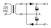 Schaltplan einer Spannungsverdoppelung mit zwei Dioden und zwei Kondensatoren.