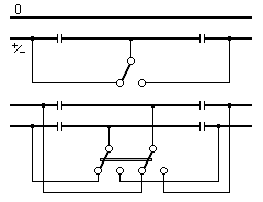 Ein Streckenabschnitt wird einmal mit einer, einmal mit beiden Schienen über einen Umschalter dem rechts oder links davon liegenden Abschnitt zugeordnet.
